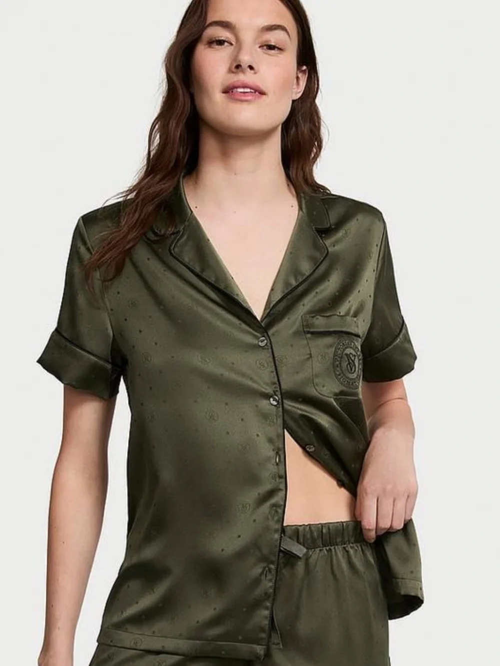 Victoria's Secret Olive Satin Pajama Set with Embroidered Pocket